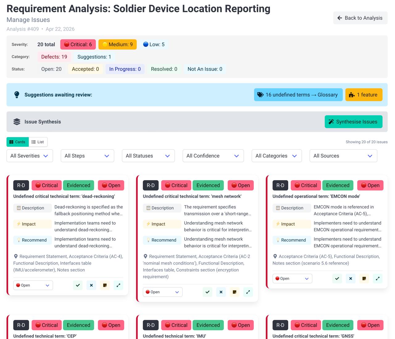 REQQA.ai requirement analysis screen showing issue synthesis and severity breakdown.